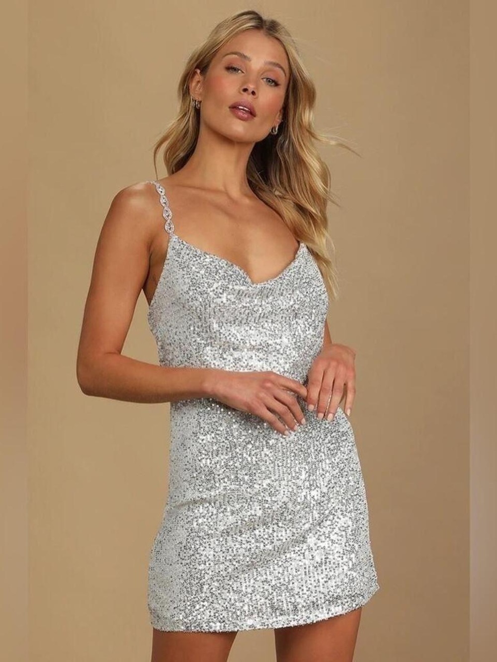 Lulu's Silver Sequin Cowl Mini Dress
